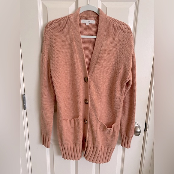 LOFT long cardigan with front pockets. Spring peachy shade. Size-Small - Picture 1 of 6